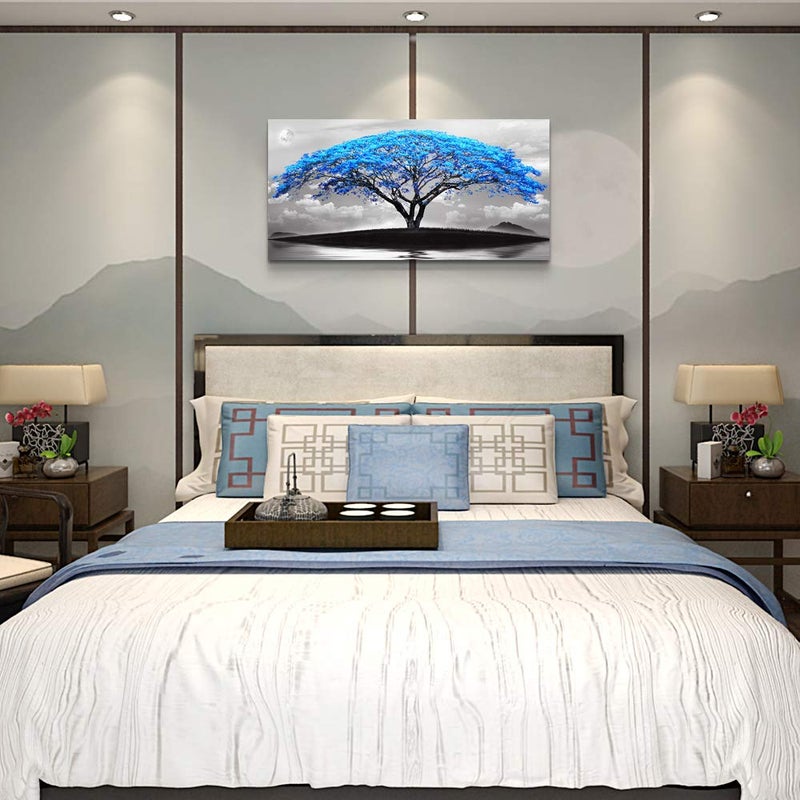 TTHYUEWS canvas wall art for living room bathroom Wall Decor Black and white landscape Blue tree moon painting to Hang Home Decorations for office bedroom kitchen Works canvas Prints pictures 24" x 48"inch - Image 4